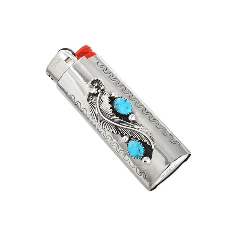 Navajo Natural Kingman Turquoise Silver Lighter Case Cover Sterling Flower