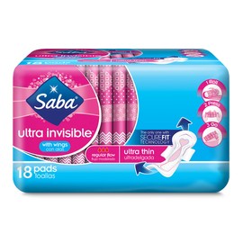 Saba, Ultra Invisible Regular Flow Ultra Thin Pads with Wings, 18 Count