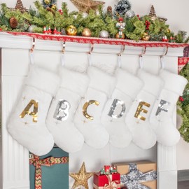 BHD BEAUTY Initial Christmas Stockings White Velvet Gold Sequin Soft Faux Fur 20 Inches Embroidery Monogrammed Stocking Pattern for Family Decorations Hanging Ornament for Xmas Holiday Party Letter U
