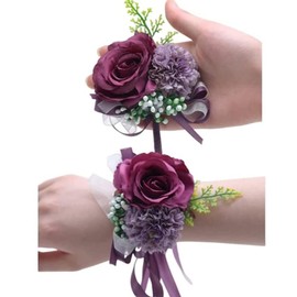 OUKEYI 2PCS Rose Flower Wrist Corsage Boutonniere Set,Boutonniere for Men Wedding White Rose Corsage Wristlet for Women Bride Bridesmaid Wrist Corsagefor Wedding Party Prom Decorations (deep Purple)