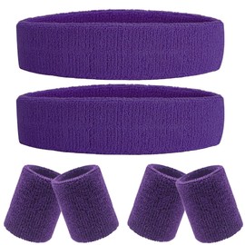 IMAGERIO 6 Pieces Sweatband Set Sports Headband Wristband Set, Moisture Wicking Athletic Sweatbands 4 Wrist Sweatband and 2 Headbands, Terry Cloth Sweat Absorbing Head Band for Workout -Purple