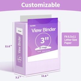 SUNEE 3 Ring Binder 3 Inch 1 Pack, Clear View Binder Three Ring PVC-Free (Fit 8.5x11 Inches) for School Binder or Office Binder Supplies, Purple Binder