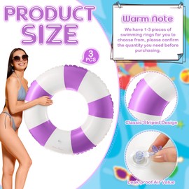 Foilswirl 3 Pcs Jumbo Pool Floats 48 Inch Swimming Ring Purple Striped Pool Rings Inflatable Tube Pool Tube for Adult Swimming Pool Summer Beach Bachelorette Wedding Party Decor Supplies