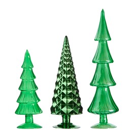 One Holiday Way Set of 3 Elegant Vintage Green Glass Christmas Tree Figurine (15-Inch, 12-Inch, 10-Inch) – Decorative Modern Tabletop Decoration – Retro Xmas Party Winter Table Mantel Shelf Home Decor
