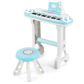 Costzon 37-Key Kids Toy Keyboard Piano with Detachable Legs, Bench, Music Score, Flash Light, Build-in MP3 Songs, Microphone, Record Playback for Birthday (Blue)