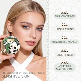 CATKIN Panda Land Full Coverage Cushion Fondation, Maquillaje facial transpirable hidratante nutritivo sin poros para piel sensible,Sheer Finish C01 F