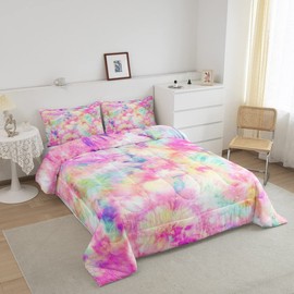 Erosebridal Kids Tie Dye Comforter Set, Bohemian Batik Down Comforter Full Size, Boho Psychedelic Bedding Comforters for Children Girls Boys Teens Bedroom, Trippy Tattoo Watercolor Quilted Duvet