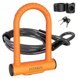 INTEKIN Bike U Lock Heavy Duty Bike Lock Bicycle Lock, 16mm U Lock and 5ft Length Security Cable with Sturdy Mounting Bracket for Bicycle, Motorcycle and More, Orange, Small