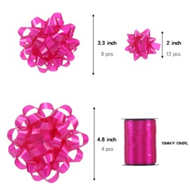 25 Pcs Gift Bows Assortment - 3 Size Gift Bowsand 1 Crimped Curling Ribbons, Perfect for Christmas, Holiday，Birthdays, Weddings, Baby/Bridal Showers, Party (Rose red)