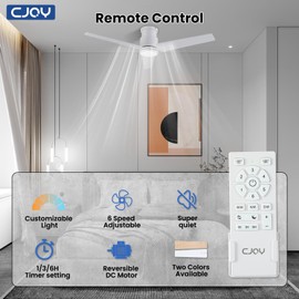 CJOY Ceiling Fan with Lights, 52 Inch Low Profile Ceiling Fans with Light and Remote, Reversible DC, Flush Mount, 3CCT，Dimmable, Modern Indoor/Outdoor Design for Bedroom, Living Room, Patio, Kitchen