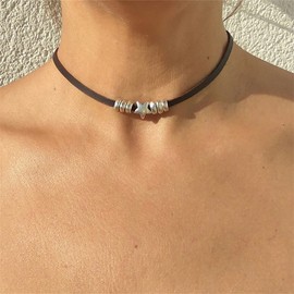 Dcfywl731 Boho Star Necklace Leather Choker Necklace Adjustable Silver Chain Necklace Surfer Necklace Summer Beach Beads Necklace Simple Pendant Jewelry