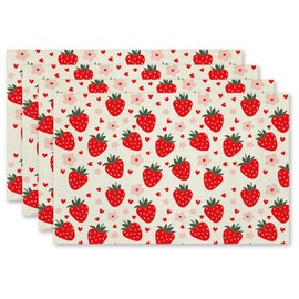 Red Cute Kids Fruit Strawberry Placemats Set of 4, Table Mats Place Mats for Kitchen Dining Table Decoration 16.9x11.4 Inch