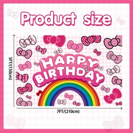 Pink Bow Birthday Backdrop Decorations Cartoon Happy Birthday Theme Party Supplies Banner for Boys Girls Kids Baby Shower Bedroom Cartoon Birthday Party Decoration 7x5ft