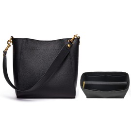 DORIS&JACKY Leather Bucket Tote Bag For Women Medium Hobo Shoulder Purse And Handbags (6- With Organizer Insert Version Black)