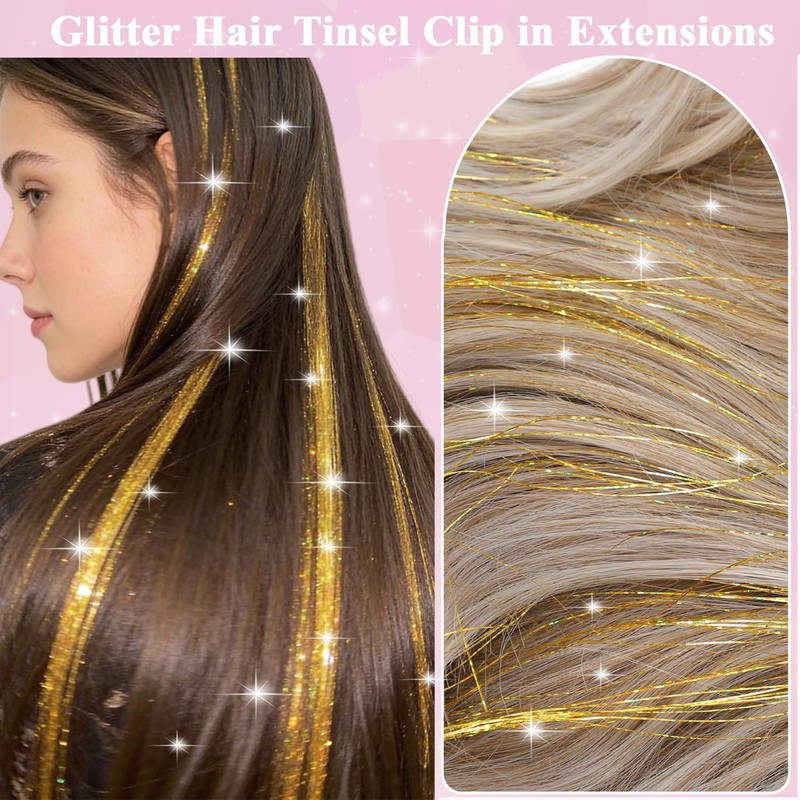 Hair Tinsel Clip in, Gold Tinsel Hair Extensions Fairy Hair