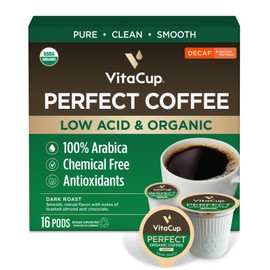 VitaCup Organic Perfect Dark Roast Decaf Coffee Pod for Pure & Clean Energy, Antioxidants, Low Acid, Peru Single Origin in Recyclable Single Serve Pod compatible w/Keurig K-Cup Brewers,16CT
