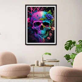 QINRUBB DIY Skull Diamond Painting Adults, 5D Skeleton Diamond Painting Pictures Beginners, Round Flowers Full Drill Diamond Painting Embroidery Cross Stitch Gifts Home Wall Decor 30 x 40 cm