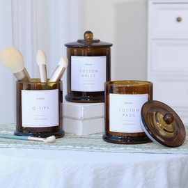 Ronasip 3 Pack Farmhouse Bathroom Organizers and Storage - 16 Oz Glass Jars with Lids for Qtip Holder, Swab Organizer, Bathroom Decor and Storage with Labels (Amber)