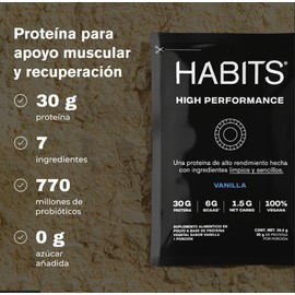 HABITS BY NOT A FANCY KITCHEN High Performance Proteína Vegana en Polvo en Sobres 15 Sobres de 38.5 g c/u Sabor Vainilla 30 g de Proteína Vegetal Por Porción KETO Friendly Libre de Gluten Sin Azúcares Añadidos 6 g de BCAAs 1.5 g Carbs No GMO