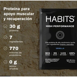 HABITS BY NOT A FANCY KITCHEN High Performance Proteína Vegana en Polvo en Sobres 15 Sobres de 38.5 g c/u Sabor Vainilla 30 g de Proteína Vegetal Por Porción KETO Friendly Libre de Gluten Sin Azúcares Añadidos 6 g de BCAAs 1.5 g Carbs No GMO