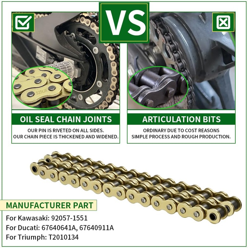 WEICHENGXIN Gold 525 X-Ring Chain 112 Links Motorcycle Chain with