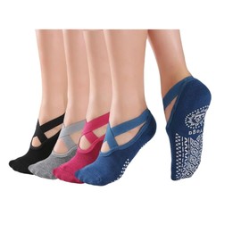 JaYouhe Women's Non-Slip Yoga Socks, Anti-Skid Pilates, Barre & Ballet Socks, UK 2.5-6.5, 4 Pack Cotton Workout Socks