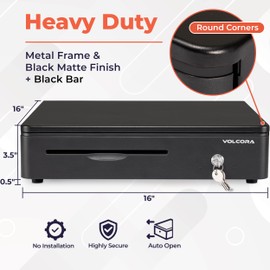 Volcora Cash Register Drawer for Point of Sale POS System with Round Corners 16", Removable Coin Tray, 5 Bill 8 Coin, 24V RJ11/12 Key-Lock Media Slot, Money Drawer for Business, Black Bar/Black