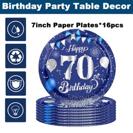 16Pcs Navy Blue 70th Birthday Paper Plates 7inch for Party Decorations - Tableware for Men Him Dinner