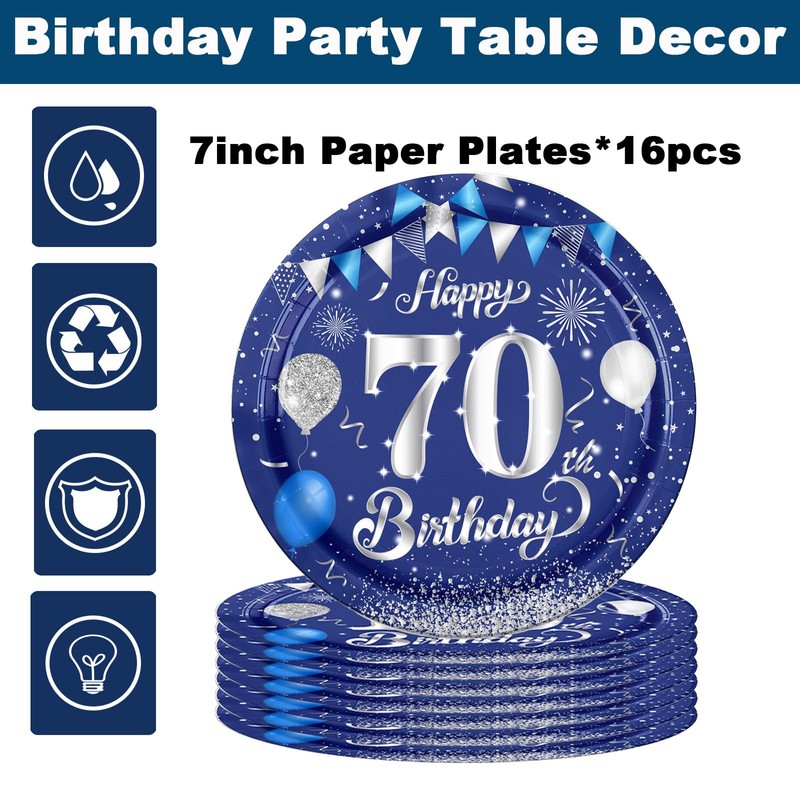 16Pcs Navy Blue 70th Birthday Paper Plates 7inch for Party
