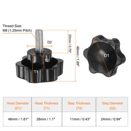 sourcing map 4pcs Star Knobs M8 x 20mm 304 Stainless Steel Threaded Stud 46mm Plastic 6-Star Head Hand Tightening Thumb Screw Clamping Jig Knob Handle, Black