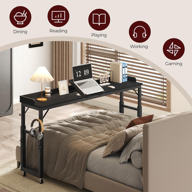 MAHANCRIS Overbed Table with Wheels, Queen Size Adjustable Rolling Desk