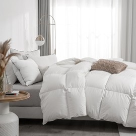 APSMILE Heavyweight Feather Down Comforter Oversized King Size - 100% Organic Cotton Quilted Thicker Winter Warmest Duvet Insert for Colder Weather/Sleepers (120x98, Ivory White)