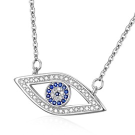 GTN2400 S925 Sterling Silver With CZ Stones (Simulated Diamonds) And Simulated Sapphire Evil-Eye Necklace on 18'' S925 Silver Chain Rhodium Plated. Includes Holiday Fancy Suede Red Gift Box.