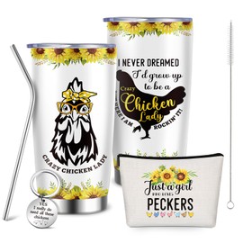 Layhit 3 Pcs Chicken Lover Gifts Set Includes Chicken Tumbler 20 oz Stainless Steel Chicken Sunflower Tumbler Cup Funny Chicken Cosmetic Bag Chicken Keychain Accessories for Women Birthday Gift