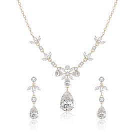 Ever Faith Cubic Zirconia Bridal Jewellery Set for Bride Bridesmaid, Elegant Leaf Flower Teardrop Wedding Prom Necklace Dangle Earrings Set for Women Clear Gold-Tone