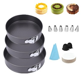 Juego de 3 Moldes para Pasteles,con 2 Guantes de Silicona Aislantes del calor,6 boquillas de acero inoxidable,2 mangas pasteleras,10 Platos Desechables Redondos de Cartón,Tamaños 24,26y 28 cm.