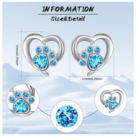 jagosen Silver Studs Earrings For Women Girls Heart Earrings Cat Dog Paw Print Earrings Blue Cubic Zirconia Animal Earrings Lovely Pet Cat Dog Lovers Gifts blue