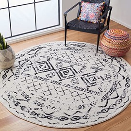 SAFAVIEH Tulum Collection 5' Round Ivory/Black TUL268D Moroccan Boho Distressed Non-Shedding Area Rug