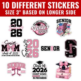 SUNHADO (10 Pcs, 3 inch) - Senior 2026 Sticker Pack, Class of 2026 Graduation Stickers, Pink Black Girly Graduation Decals, Coquette Bow Senior Grad Gifts Decoration for Laptops, Phones, Bottles