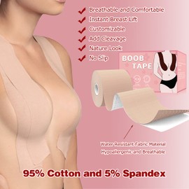 BEWTEIM Boob Tape for Breast Lift, 4 inch Bob Tape for Large Breasts Roll, Boobytape for Breast Lift Plus Size D-G Cup, Push Up Tape for Strapless Dress w 1 Pair Silicon Nipple Covers 5 Pairs Satin Brestals Light Skin