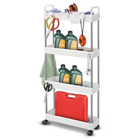 Auto Dynasty 4 Tier Slim Rolling Cart with Handle, Multifunction Utility Storage Rolling Cart, Movable Storage Organizer with Wheels for Office, Bathroom, Kitchen, Narrow Places (White)