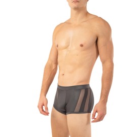 Gary Majdell Sport Men's Boxer Brief Swimsuit with Front and Side Mesh Inserts - Available in Shiny Solid Tricot and Nylon Spandex Prints (New Charcoal, XL)