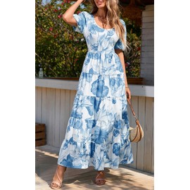 PRETTYGARDEN Womens Dresses 2025 Puff Sleeve Floral Casual Summer Dresses Smocked Top Beach Flowy Tiered Maxi Dress (White Blue Flower, XX-Large)