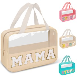 Chenille Letter Clear Makeup Bags Stuff Tote, Preppy Patch Makeup Bag Zipper with Handle, Waterproof PVC & Nylon Portable Glitter Large Cosmetic Travel Toiletry Storage for Women Girls(STUFF-Rose)