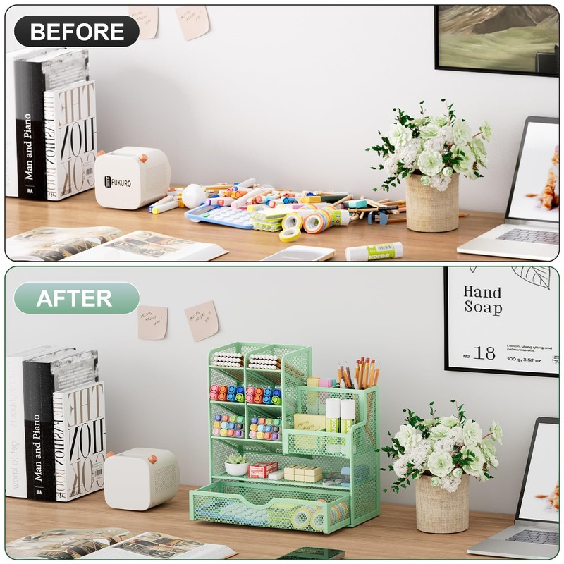 Marbrasse Mesh Desk Organiser, Multifunctional Pen Holder with Drawer, Storage