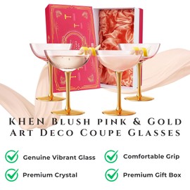 Colored Coupe Art Deco Glasses, Gold | Set of 4 | 12 oz Classic Cocktail Glassware for Champagne, Martini, Manhattan, Sidecar, Crystal Speakeasy Style Goblets Stems, Vintage Pink, Rose, Blush