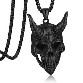 Bandmax Baphomet Devil Demon Pendant Necklace for Men Women Black Stainless Steel Bikers Pendant Gothic Punk Goat Head Skull Pendant Chain Satianic Evil Jewelry