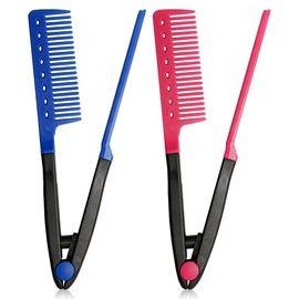 GLADFRESIT 2PCS V-Shaped Hair Straightening Comb, Multi-Color Comb Compact for Women Girls Makeup ABS Friendly Material Suitable for Home, Hair Salon or Daily Travel（Rose Red&Blue）
