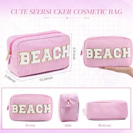 Cosmetic Bag Organizer Travel, Compact Lightweight Accessory for Travel and Daily Use - Sanwuta Seersucker Beach Chenille Letter