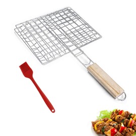 BBQ Grill Basket, Fish Grill Basket, Stainless Steel BBQ Grill Basket, Fish Roaster, Portable Grill Fish Holder, Fish Grill with Handle, for Fish, Vegetables, Shrimps, with Baking Brush